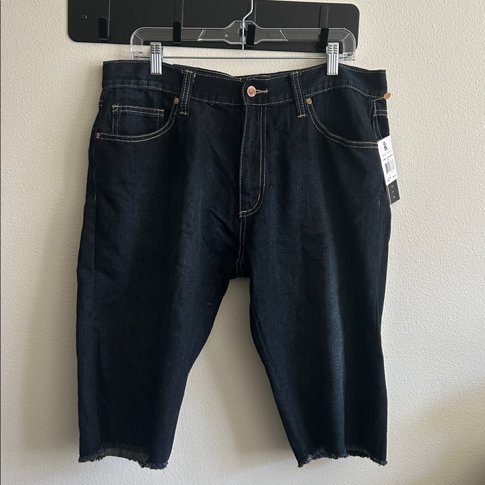 NWT Kani Gold Embroidered Men's Dark Black Wash Denim Jean Shorts #MX9277..36